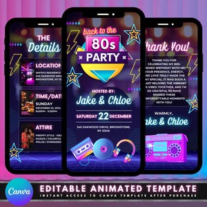 Animierte Geburtstagsfeier-Videoeinladung, DIY-Vorlagendesign, 80er Jahre Neon Party einladen, Vorgefertigte Retro Vintage Party Feier Digitale Einladung