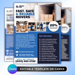 Puede incluir: Un folleto promocional de Mover Pro con un camión lleno de cajas de cartón, imágenes de mudanceros y un distintivo de 20% de descuento. El texto enumera servicios como mudanzas locales y de larga distancia, embalaje y almacenamiento.