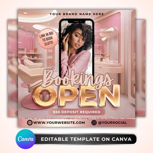 Bookings Open Flyer: Lash Nail Hair MUA Salon Promo Rose Gold Instagram Canva Template
