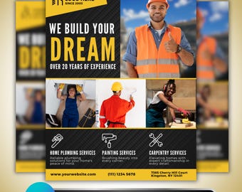 Construction Flyer Template: Contractor, Home Improvement, Plumbing, Painting and Carpentry Services Canva Template
