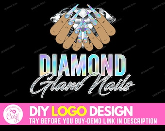 May include: A logo design for a nail salon with the text "DIAMOND Glam Nails" in a holographic rainbow font. The logo features a large diamond with two hands holding it, with long, glittery nails.