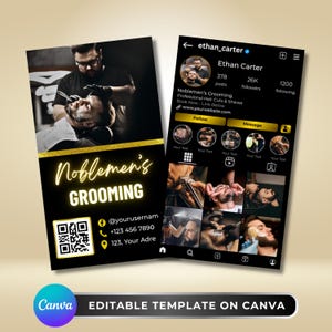 Op de afbeelding: Een zwart-gouden visitekaartje en Instagram profiel sjabloon voor een grooming service. Het visitekaartje bevat de tekst "Noblemen's Grooming" in een gloeiend lettertype, een QR-code en contactgegevens. Het Instagram profiel toont foto's van kapsels en scheerbeurten.