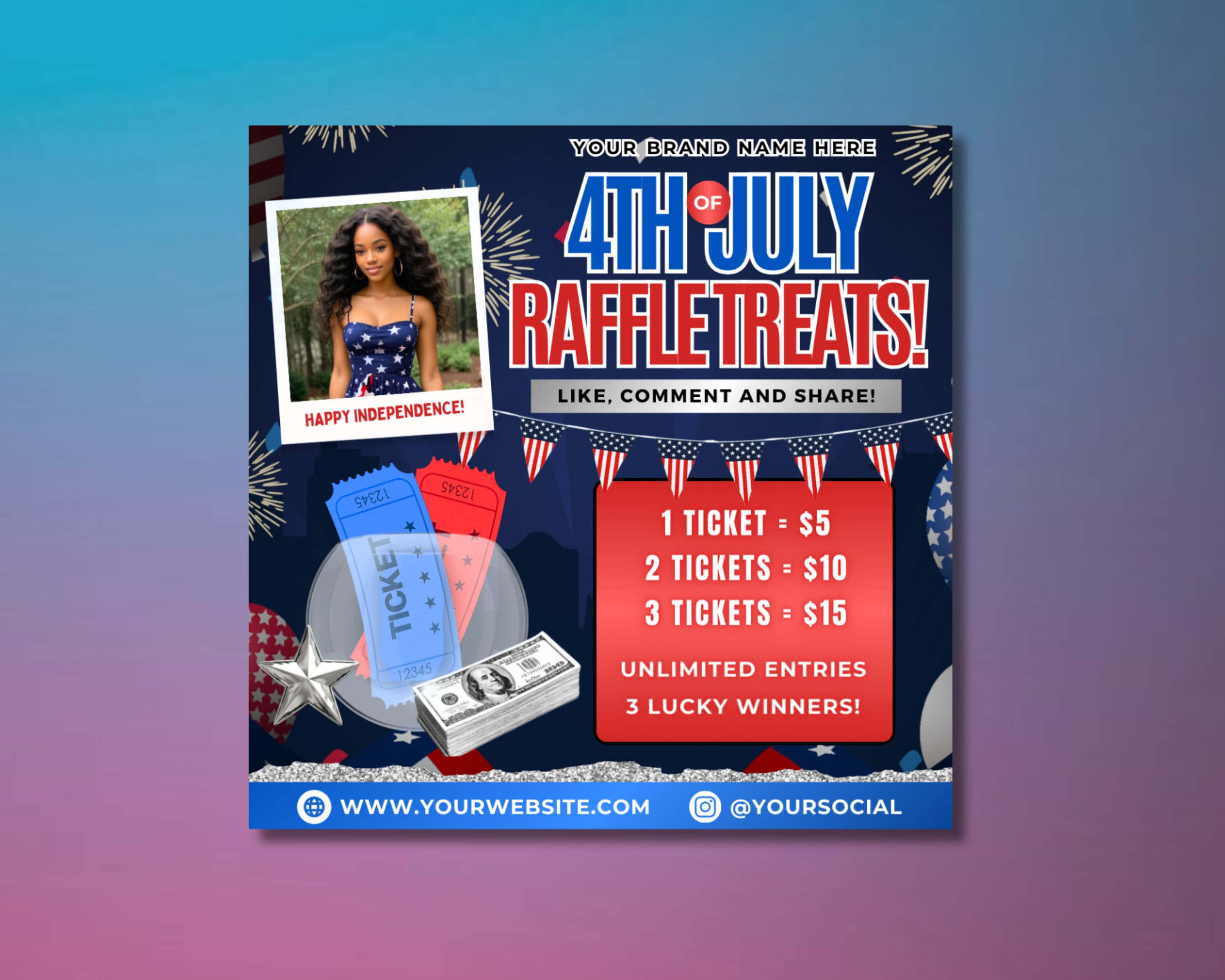 Fourth of July Raffle Flyer, DIY Flyer Template Design, Independence ...