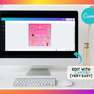 May include: A computer screen displaying a pink and white cocktail menu design template in Canva. The menu lists cocktails with names like "Blue Berry", "Mojito Sunrise", "Orange Vodka", and "Berry Martini". The text "EDIT WITH CANVA (VERY EASY)" is displayed below the screen.