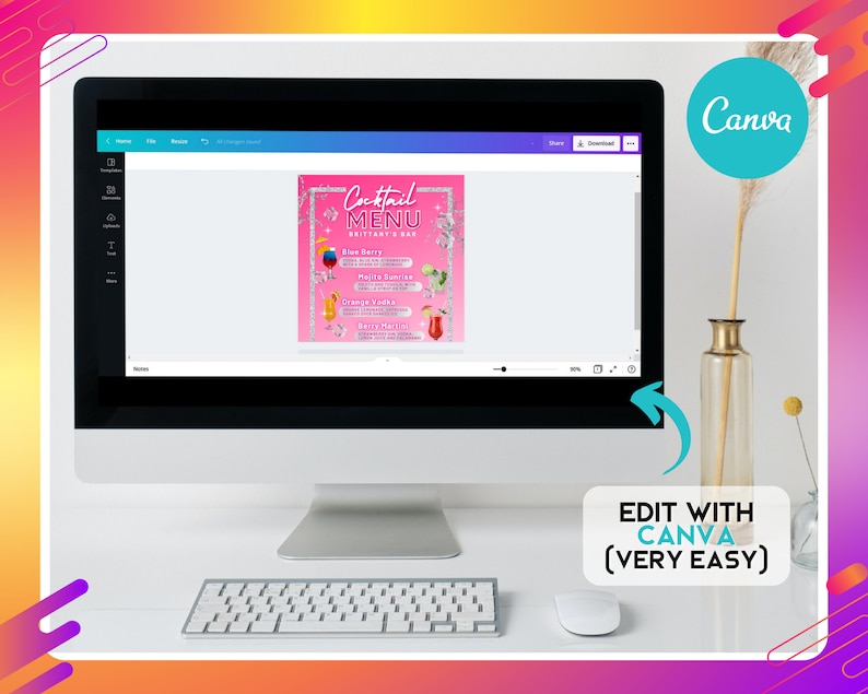 May include: A computer screen displaying a pink and white cocktail menu design template in Canva. The menu lists cocktails with names like "Blue Berry", "Mojito Sunrise", "Orange Vodka", and "Berry Martini". The text "EDIT WITH CANVA (VERY EASY)" is displayed below the screen.