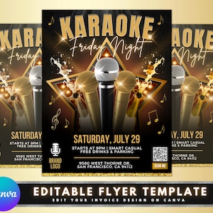 Op de afbeelding: Een zwarte en gouden flyer-sjabloon voor een karaoke-avond. De flyer heeft een grote ster met twee microfoons en een fles champagne. De tekst op de flyer luidt "Karaoke Vrijdagavond" en bevat de datum, tijd, locatie en een QR-code om te scannen. De flyer bevat ook de tekst "Bewerkbare Flyer-sjabloon" en "Bewerk je factuurontwerp op Canva".