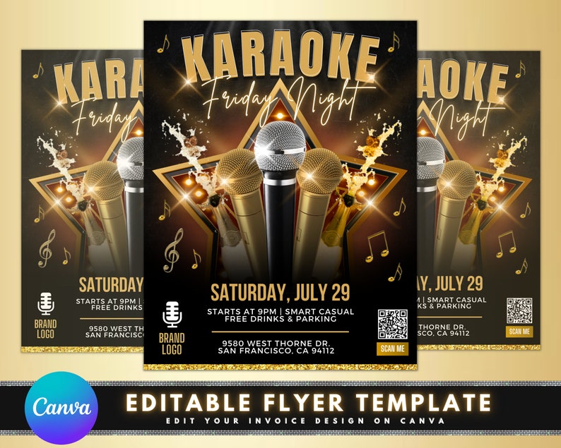 K&ouml;nnte beinhalten: Eine schwarze und goldene Flyer-Vorlage f&uuml;r eine Karaoke-Nacht. Der Flyer zeigt einen gro&szlig;en Stern mit zwei Mikrofonen und einer Champagnerflasche. Der Text auf dem Flyer lautet "Karaoke Freitag Nacht" und enth&auml;lt Datum, Uhrzeit, Ort und einen QR-Code zum Scannen. Der Flyer enth&auml;lt auch den Text "Bearbeitbare Flyer-Vorlage" und "Gestalte dein Rechnungsdesign auf Canva".