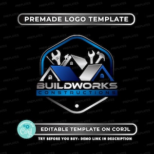 Sjabloon bouwlogo: brandingontwerp aannemer, bouwer en klusjesman, bewerkbaar premade Corjl-logo