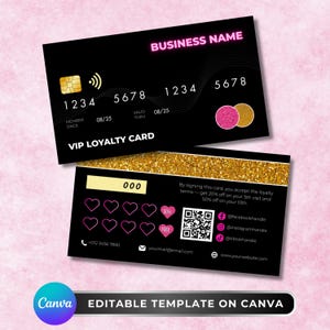 Puede incluir: Plantilla de tarjeta de fidelidad VIP negra con detalles dorados y rosas. Presenta un chip dorado, números de tarjeta y un diseño circular rosa y dorado. Incluye el texto "BUSINESS NAME" y "VIP LOYALTY CARD". La parte posterior tiene un diseño de purpurina dorada.