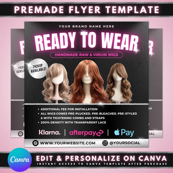 Ready To Wear Wigs Flyer, DIY Flyer Template Design, Wig Flyer, Hair Special Deals Flyer, Handmade Wigs Sale Flyer, Premade Virgin Wigs Sale