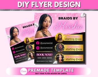 Folleto de trenzas, plantilla de diseño de folleto DIY, folleto de trenzado de cabello, folleto de trenzas, folleto de salón, folleto de Instagram, diseño de folleto comercial prediseñado