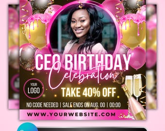 Flyer verjaardagsuitverkoop CEO: beautybedrijfspromo, tech-marketing wimperhaar, canvasjabloon