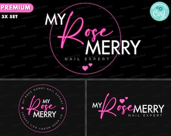 May include: Three logos for a nail expert business, featuring the text "My Rose Merry Nail Expert" in a stylish, pink script font. The logos are set against a black background, with pink hearts.