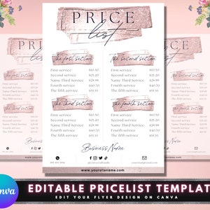 Price List, DIY Flyer Template Design, Rose Gold Price Sheet, Hair Pricing Flyer, Pricelist Flyer, Pricing Guide Sheet, Premade Salon Flyer