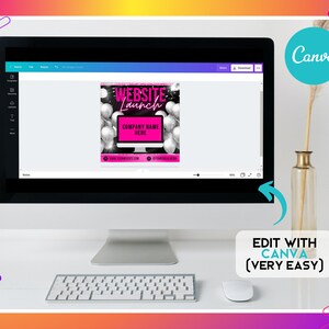 May include: A computer screen displaying a website launch graphic with a pink background and silver balloons. The graphic includes the text "Website Launch", "Company Name Here", and a website address. The text "Edit with Canva (Very Easy)" is displayed below the computer screen.