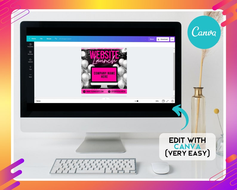 May include: A computer screen displaying a website launch graphic with a pink background and silver balloons. The graphic includes the text "Website Launch", "Company Name Here", and a website address. The text "Edit with Canva (Very Easy)" is displayed below the computer screen.
