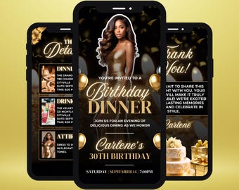 Animierte Geburtstagsessen Video Einladung, DIY Template Design, Instagram Story einladen, Vorgefertigte Gold Party Feier Event Digitale Einladung