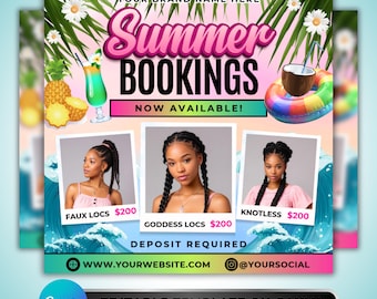 Summer Bookings Flyer: Hair, Faux Locs, Goddess Locs & Knotless Braids, Editable Canva Template