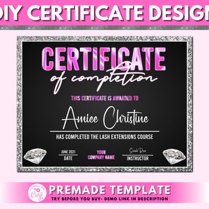 DIY Certificate of Completion Template, Lash Training Certificate, Printable Beauty Nails Course Certificate, Premade Completing Award