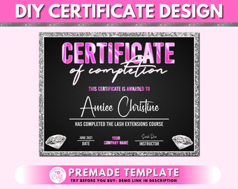 Modèle DIY de certificat de réalisation, certificat de formation aux cils, certificat de cours imprimable sur les ongles de beauté, récompense de réalisation préfabriquée
