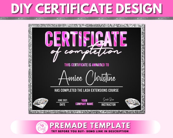 DIY Certificate of Completion Template, Lash Training Certificate, Printable Beauty Nails Course Certificate, Premade Completing Award