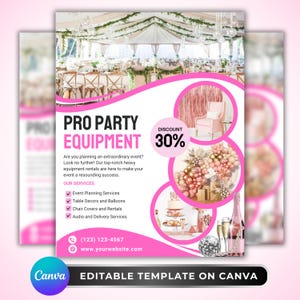 May include: A pink and white flyer advertising party equipment hire. The text reads "PRO PARTY EQUIPMENT" and "DISCOUNT 30%." The flyer features images of party decorations, a pink chair, and a party venue. Services offered are also listed on the flyer.