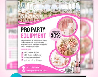 May include: Pink and white flyer promoting party equipment rentals. The flyer includes the text "PRO PARTY EQUIPMENT" and "DISCOUNT 30%." Images of party decorations, a pink chair, and a party venue are also featured. The flyer also lists services offered.