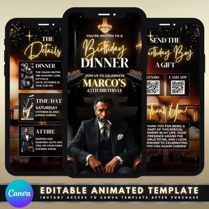 Animated Birthday Dinner Invitation, DIY Template Design, Men's Party Video Invite, Premade Gold Party Celebration Event Digital E-Invite