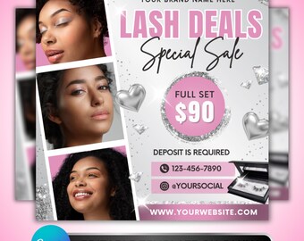 May include: A promotional flyer for lash deals. The design features three images of women, silver heart and diamond accents, and text that reads "LASH DEALS Special Sale" and "FULL SET $90". Contact information and a website address are also included.
