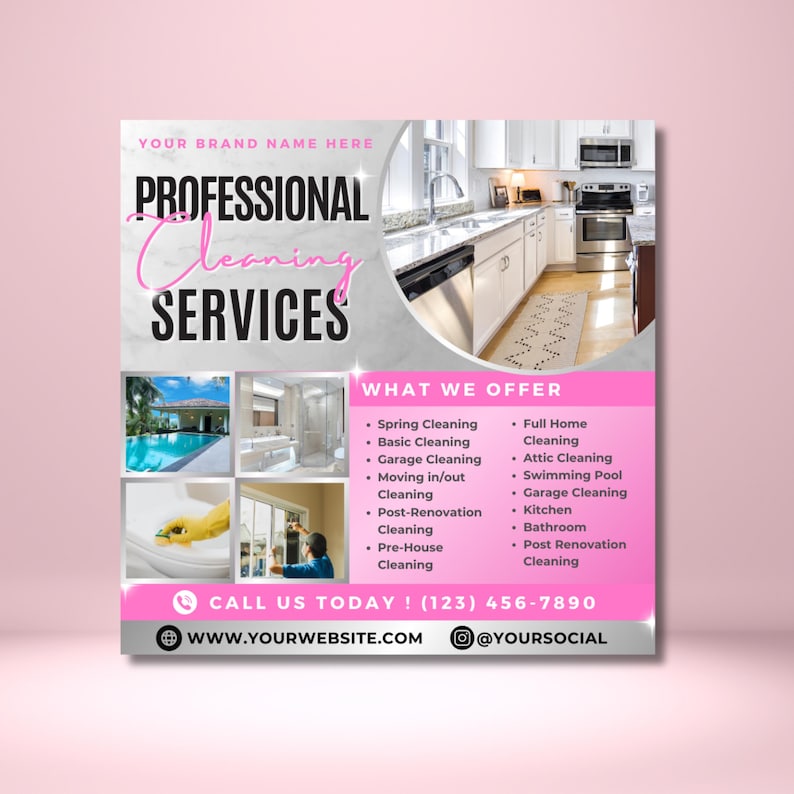 Editable Canva cleaning services flyer template in pink and white design, perfect for house cleaners and maid service advertising
Professional cleaning flyer template for home and business, customizable Canva design for spring cleaning and maid services
Maid service flyer template, modern cleaning business marketing design in Canva, printable for home and office cleaning promotions
House cleaning flyer template, editable Canva design showcasing professional cleaning services