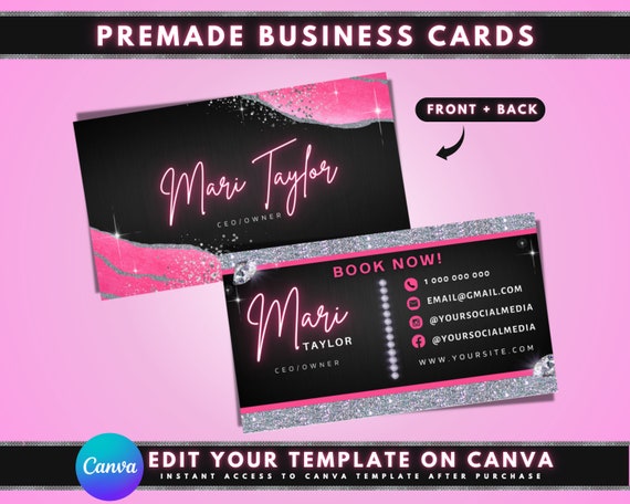 Beauty Business Cards, DIY Business Card Template Design, Elegant Boutique Business Cards, Pink Silver Business Card, Premade Business Cards