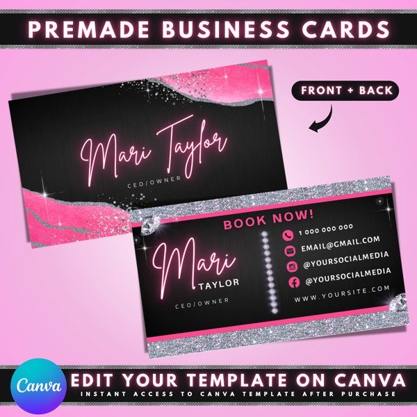 Beauty Business Cards, DIY Business Card Template Design, Elegant Boutique Business Cards, Pink Silver Business Card, Premade Business Cards