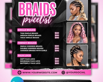 Braids Pricelist Flyer, DIY Flyer Template Design, Hair Braiding Price Guide Flyer, Braiding Services Flyer, Premade Braid Price Sheet Flyer