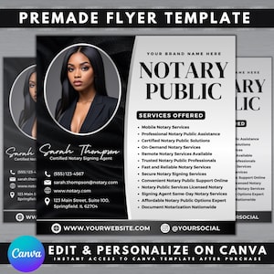 Puede incluir: Plantilla de folleto en blanco y negro para un negocio de notario público. El folleto presenta una foto de una mujer, información de contacto y una lista de servicios ofrecidos, que incluyen notario móvil, notario remoto y legalización de documentos a nivel nacional. El texto "Notary Public" está en letras grandes y negritas.