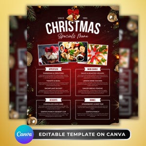 May include: A Christmas Specials Menu template with a dark red background, featuring images of appetizers, main courses, desserts, and drinks. The menu includes text such as "Christmas Specials Menu" and "Editable Template on Canva."