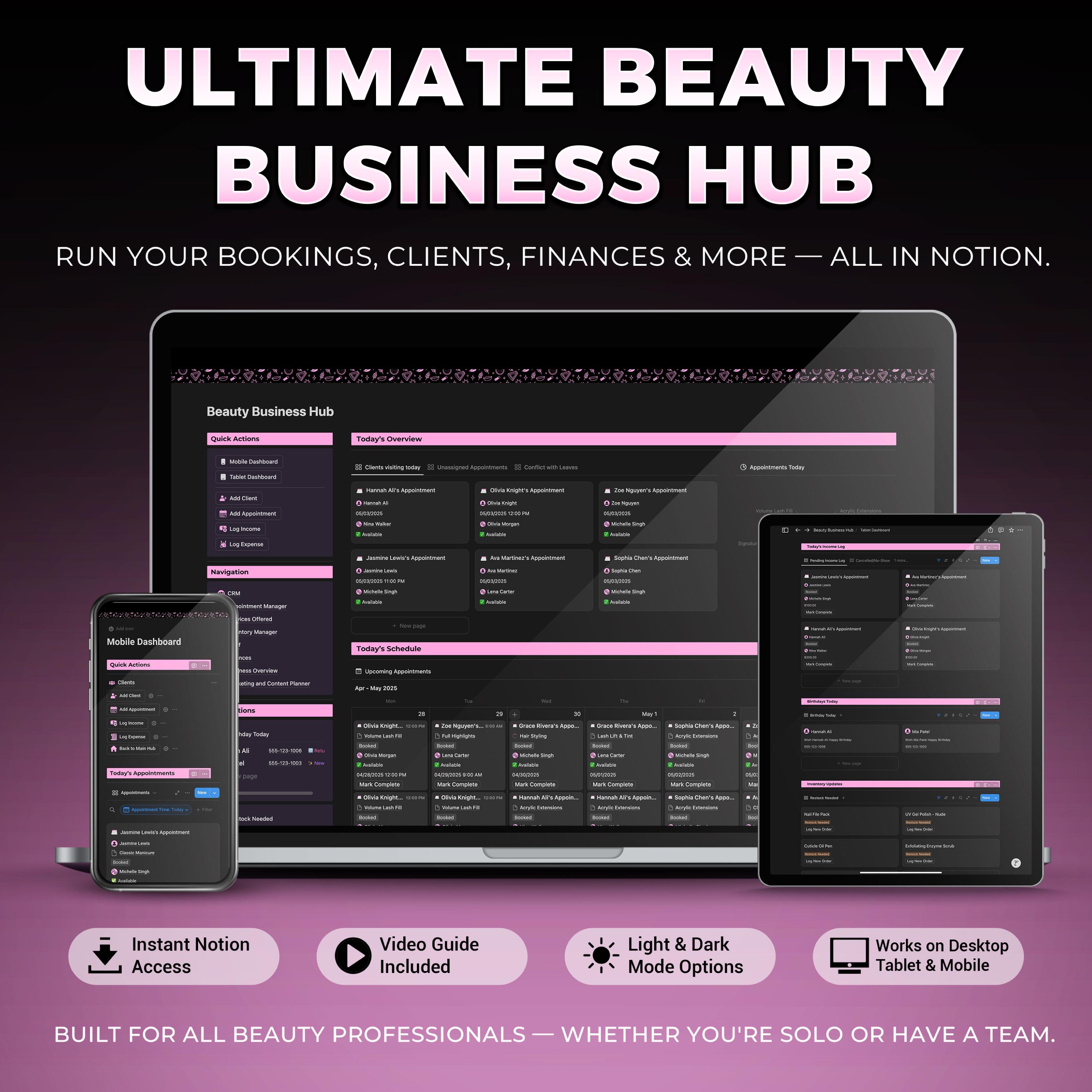 Beauty Business Notion Template, Salon System for Lash, Nail, Hair | CRM, Appointment & Finances Tracker, Inventory, Staff, Content Planner