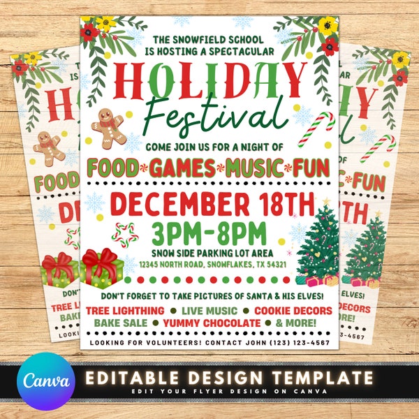 Christmas Festival Invitation Flyer, DIY Flyer Template Design, Holiday Festive Flyer, Xmas Party Flyer, Premade Winter Season School Flyer