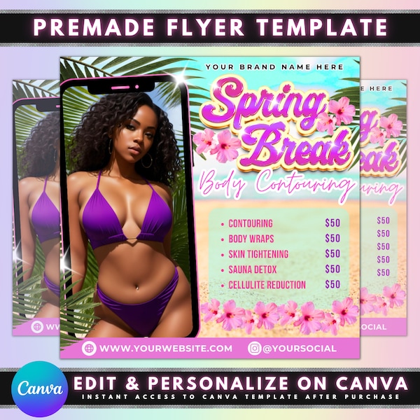 Spring Break Body Contouring Flyer, DIY Flyer Template Design, Body Spa Flyer, Body Sculpting Flyer, Premade Springtime Body Shaping Flyer