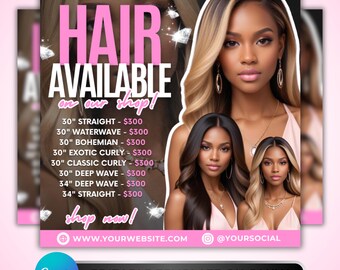 May include: Pink and white promotional graphic for hair extensions. The text reads "HAIR AVAILABLE" and lists various hair styles, including straight, waterwave, and curly, all 30 inches long. The graphic also includes the text "shop now!" and social media handles.