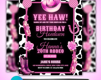 Pink Cowgirl Birthday Invitation: Western Hoedown, Rodeo Celebration, Country Cowgirl Themed Birthday, Editable Canva Template