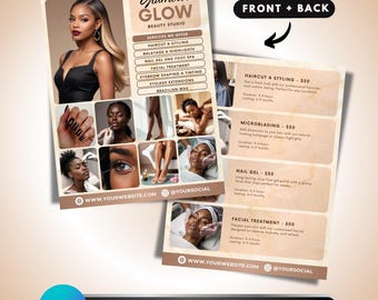 Beauty Price List Flyer: Hair Stylist, Nail, Facial, and Brow Service Menu, Canva Template, Beauty Studio Flyer