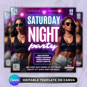 Saturday Night Party Flyer, Club Party Flyer Template, Editable Girls Night Club Flyer, Canva DJ Flyer, Neon Event Invite, Digital Flyer