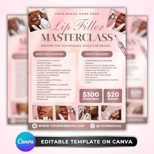 以下が含まれることがあります： リップフィラーマスタークラスを宣伝するピンクと白のチラシ。チラシには、習得できる内容とトレーニングに含まれる内容に関するテキストが含まれています。チラシには、投資とデポジットの価格も含まれています。チラシはCanvaで編集可能なテンプレートです。