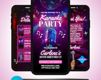 Karaoke Party Video Invitation: Animated Birthday Celebration Invitation, Personalized Digital Announcement, Editable Canva Template