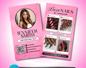 Nail Tech Business Card: Nail Artist, Salon, Instagram, QR Code & Booking, Double-Sided Canva Template