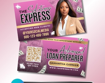 Tax Preparer Business Card: Tax Prep Marketing, Accountant, Financial Services, QR Code, Pink Glam, Client Booking, Editable Canva Template