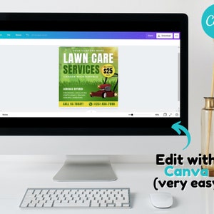Peut inclure: Un &eacute;cran d'ordinateur affichant un mod&egrave;le de conception Canva pour une entreprise de services d'entretien de pelouses. Le mod&egrave;le pr&eacute;sente une pelouse verte, une tondeuse &agrave; gazon et le texte "Services d'entretien de pelouses" avec un prix de 25 &euro;. Le texte "Appelez-nous aujourd'hui !" et un num&eacute;ro de t&eacute;l&eacute;phone sont &eacute;galement inclus.