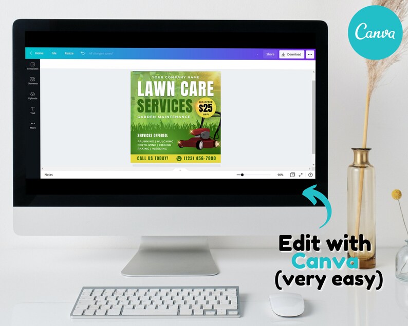 Peut inclure: Un &eacute;cran d'ordinateur affichant un mod&egrave;le de conception Canva pour une entreprise de services d'entretien de pelouses. Le mod&egrave;le pr&eacute;sente une pelouse verte, une tondeuse &agrave; gazon et le texte "Services d'entretien de pelouses" avec un prix de 25 &euro;. Le texte "Appelez-nous aujourd'hui !" et un num&eacute;ro de t&eacute;l&eacute;phone sont &eacute;galement inclus.