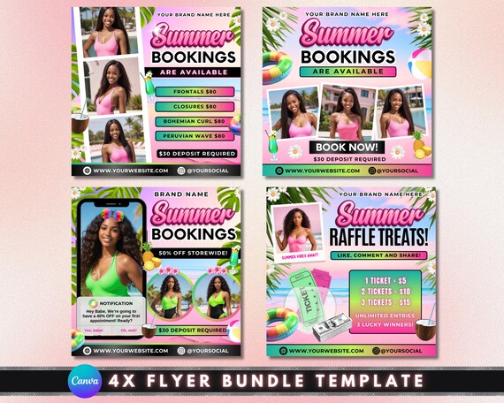 Summer Flyer Set: Beauty Booking Promotions & Raffle Giveaway Bundle, Editable Canva Template