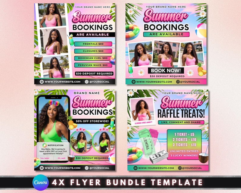 Summer Flyer
Booking Flyer
Raffle Flyer
Beauty Flyer
Hair Flyer
Salon Flyer
Summer Sale
Promotion Flyer
Event Flyer
Social Media Post
Flyer Template
Canva Template
Bundle Template
Hair Extensions
Frontals
Closures
Bohemian Curl
Peruvian Wave
Hair Appointment
Book Now
$30 Deposit
Summer Hair
Beauty Salon
Hair Stylist
Raffle Ticket
Summer Vibes
Lucky Winners
Raffle Treats
Discount Raffle
Summer Booking Flyer
Hair Extension Flyer
Beauty Salon Template
Summer Raffle Flyer
Small Business Flyer